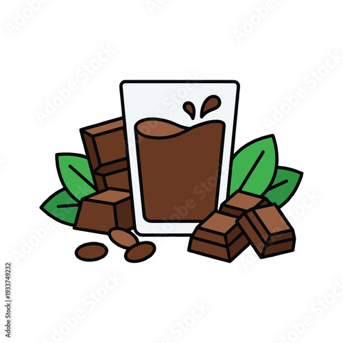 Chocolate drink glass with cocoa beans and dark candy bars with mint leaves art