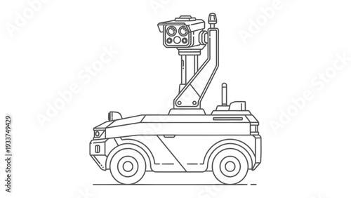 Future Security Sentinel: A detailed outline of a technologically advanced security robot, designed for surveillance and patrolling. This image highlights innovation in security