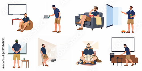 Man enjoying diverse home entertainment experiences with a projector, from setup to casual viewing and relaxation.
