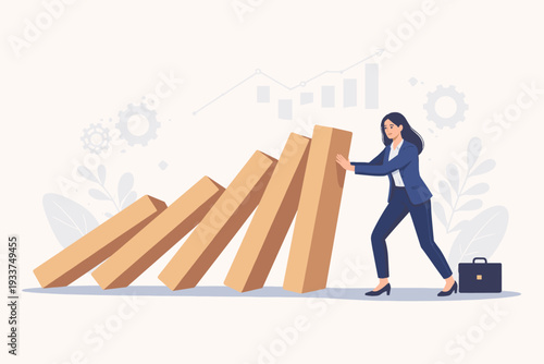 Businesswoman stopping falling domino blocks to prevent crisis, representing risk management, insurance, support, and resilience in corporate strategy for financial stability and growth.