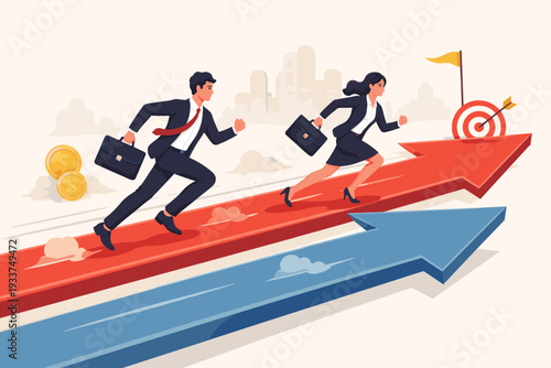Professional businessman and businesswoman running on a large red arrow towards a target goal, representing business competition, rivalry, success, performance, and financial growth concept.