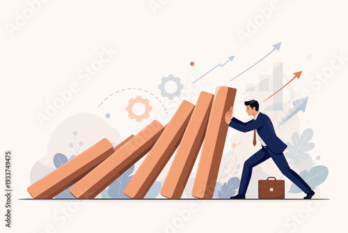 Businessman Stopping Falling Dominoes Representing Business Resilience, Crisis Management, and Economic Recovery. Professional Man Pushing Back Against Failure to Achieve Success and Growth.
