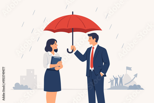 Altruism and Selfless Leadership Concept with a Businessman Holding a Red Umbrella to Protect a Colleague from Rain, Symbolizing Team Support, Safety, Insurance, and Success Together in Business.