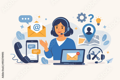 Professional customer service woman with headset offering help via email, phone, chat, and location map. Concept for business contact, technical support, and client communication flat vector.