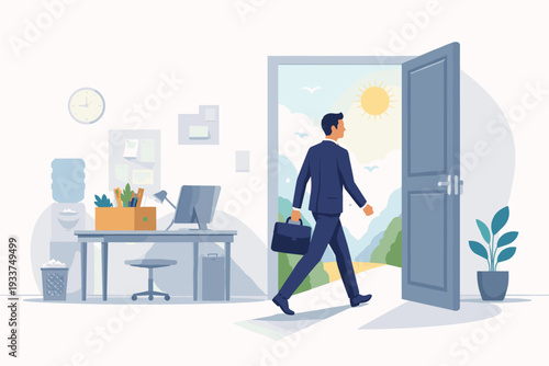 Businessman in Suit Carrying Briefcase Walking Out of Office Through Open Door into Sunny Landscape, Concept of Career Change, Resignation, New Opportunity, Job Transition and Employee Turnover.