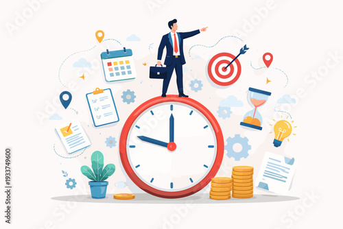 Time Management and Deadline Concept with Businessman Standing on Large Clock Pointing to Success. Business Planning, Productivity, Efficiency, and Schedule Organization Vector Illustration.