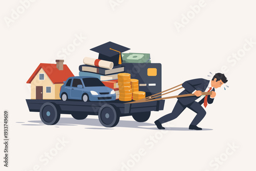 Stressed businessman pulling a heavy cart of financial obligations including mortgage, car loan, student debt, and credit card bills, illustrating the struggle with high cost of living.