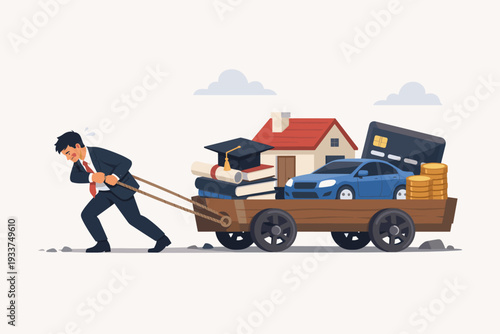 Exhausted businessman pulling a heavy cart loaded with financial burdens like a house, car, education, and credit card debt. Concept of high cost of living, economic pressure, and lifestyle cost.