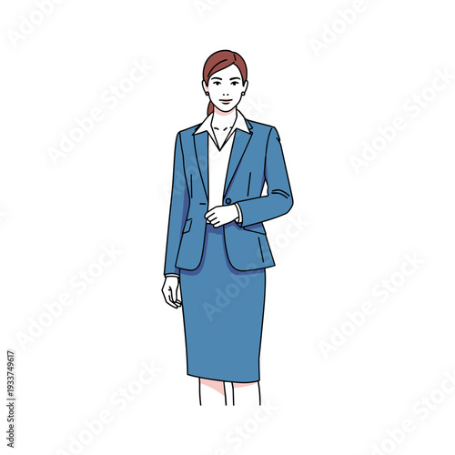 Businesswoman in blue suit standing confidently.