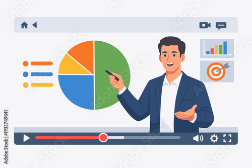 Businessman giving a professional online presentation or explainer video tutorial on business strategy and data analysis with pie charts and graphs in a video player interface for e-learning.
