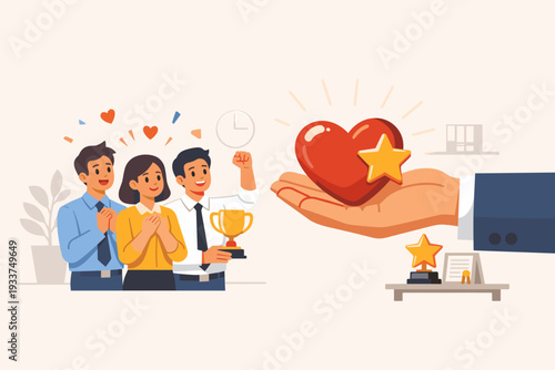 Employee Appreciation and Recognition Concept with Manager Giving Heart and Star Award to Happy Team. Corporate Gratitude, Workplace Motivation, and Rewarding Best Performance Illustration.