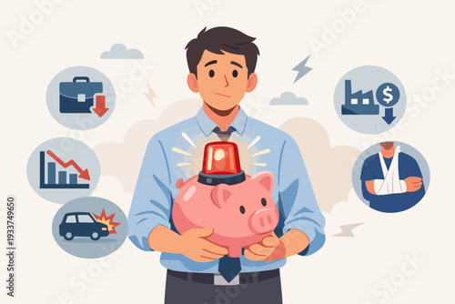 Man holding a piggy bank with a red siren alarm, symbolizing emergency funds for unexpected life events like job loss, economic crisis, car accidents, medical injuries, and financial security.