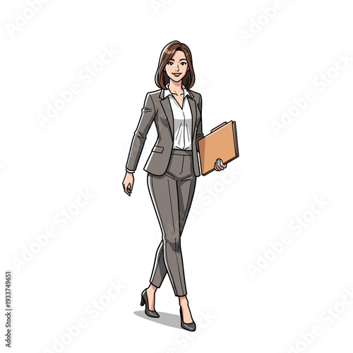 Businesswoman walking with folder and phone.