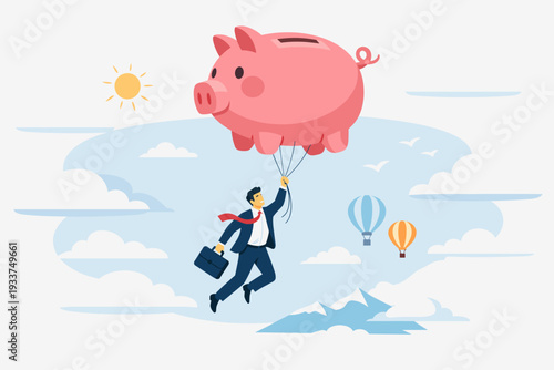 Financial Freedom and Independence Concept with a Successful Businessman Floating in the Sky Holding a Large Pink Piggy Bank Balloon Above Clouds, Symbolizing Wealth, Savings, and Investment.