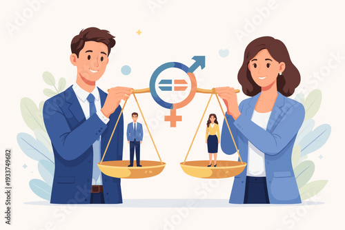 Gender Equality and Diversity in the Workplace Concept with a Man and Woman Holding a Balance Scale Representing Equal Rights, Opportunities, and Fair Treatment for Male and Female Employees