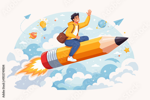 Student riding a giant pencil rocket through clouds with lightbulb and paper planes, representing education, creativity, imagination, innovation, and launching a new project or school journey.