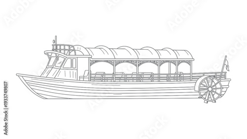 Vintage River Boat: A detailed line drawing of a classic riverboat, evoking a sense of nostalgia and the charm of leisurely voyages. 