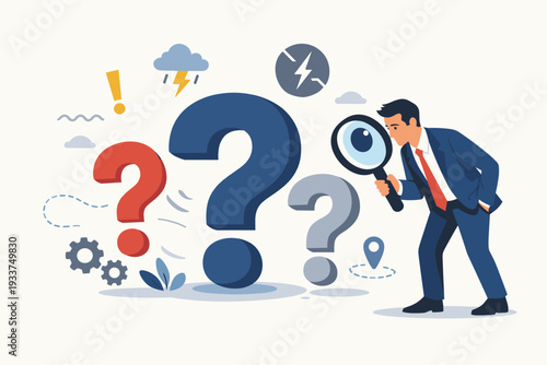 Professional businessman in a suit using a magnifying glass to investigate large question marks for root cause analysis, problem solving, incident management, and finding business solutions.