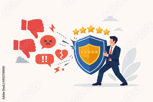 Businessman Holding a Shield to Protect Brand Reputation and Five Star Rating from Negative Customer Reviews, Thumbs Down, and Bad Feedback. Online Crisis Management and Marketing Strategy Concept.