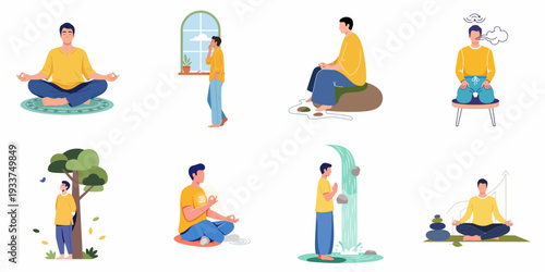 Man practicing mindfulness and meditation in various serene settings for peace and well-being.