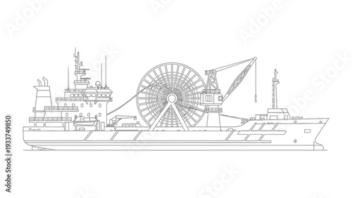 Sea Vessel's Technological Prowess: A technical diagram of a specialized vessel, showcasing intricate machinery and engineering marvels for underwater cable laying.