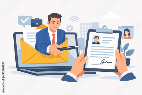 Remote Recruitment and Online Job Offer Concept with Businessman Emerging from Laptop Screen Envelope Handing Pen for Electronic Signature on Employment Contract Document Vector Illustration