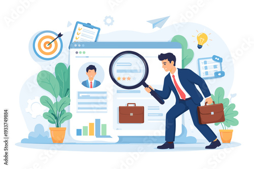 Professional businessman using a magnifying glass to search for job vacancies and career opportunities on a website. Recruitment, hiring, human resources, and talent acquisition concept vector.