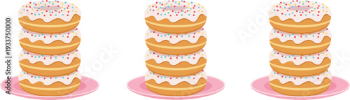 Colorful illustration of three stacks of glazed donuts with sprinkles on pink plates, perfect for bakery or cafe promotions