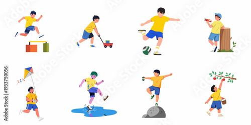 Happy young boys enjoying diverse outdoor activities: playing sports, flying kites, exploring nature, and having fun in a colorful illustration set.