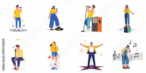 Diverse group of men and women singing and performing music, showcasing various artistic expressions and styles through illustrations.