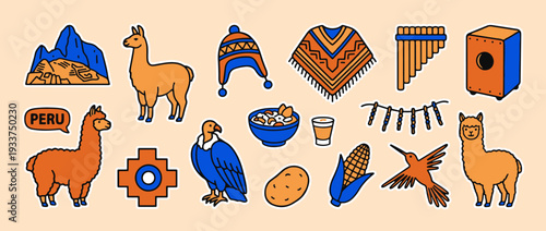 Peru's Cultural Ensemble: An array of Peru's iconic symbols and traditions, from majestic mountains to the gentle alpaca and vibrant cultural elements