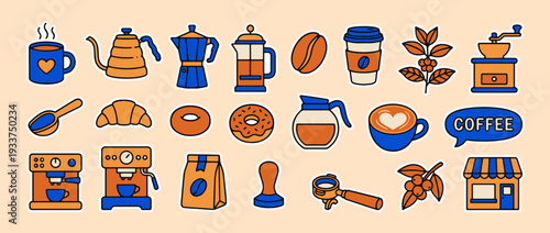 Coffee Culture Icons: A delightful assortment of coffee-related icons, each meticulously crafted to capture the essence of the beloved beverage, from bean to brew.