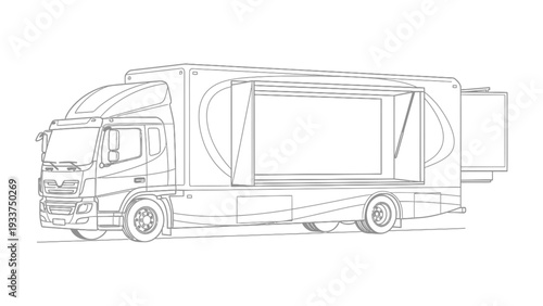 Mobile Stage Truck Illustration: A detailed illustration of a versatile mobile stage truck, perfect for events and performances. It showcase its expandable design.
