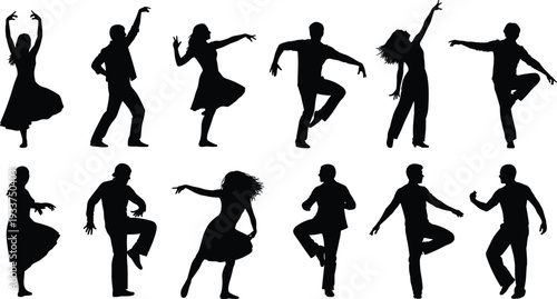 Collection of dancing people silhouettes in various dynamic poses, black vector illustration set isolated on white background
