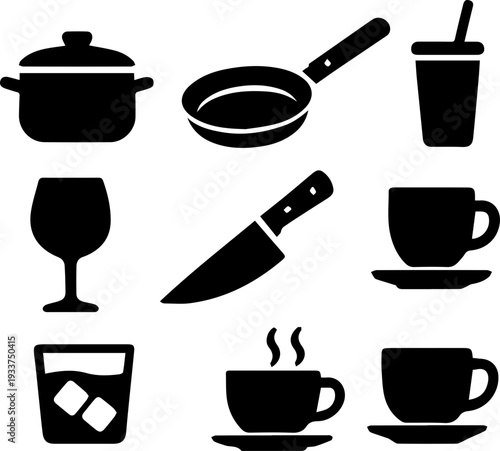 Kitchen Utensils and Cooking Tools Silhouette Icon Set