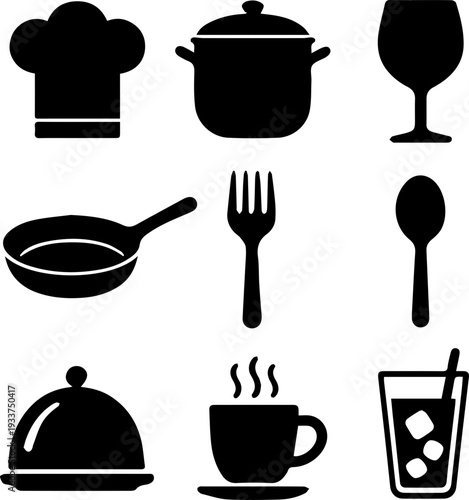 Kitchen Utensils and Cooking Tools Silhouette Icon Set