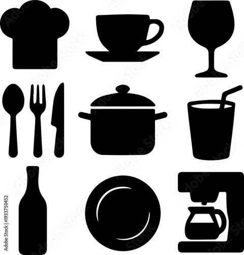 Kitchen Utensils and Cooking Tools Silhouette Icon Set