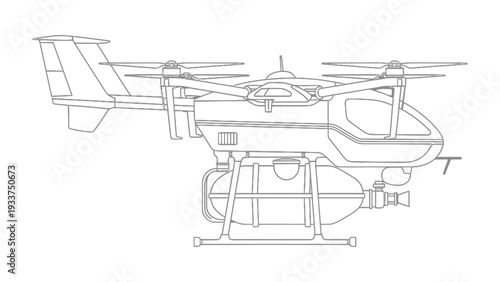 Unmanned aerial vehicle Design: A detailed illustration of a futuristic, unmanned aerial vehicle (UAV) is presented, showcasing the complex engineering and design of the aircraft.