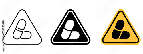 Capsule Drug Warning Icon Set with Medical Pill and Safety Caution Symbols Vector Illustration.