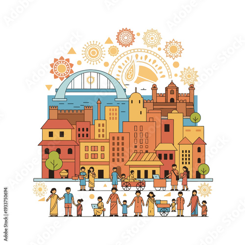Vibrant Indian Cityscape Culture and Community Vector Art