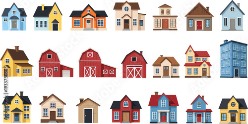 Colorful cartoon houses collection vector illustration set, residential buildings icons isolated on white background, suburban homes and barns clipart bundle