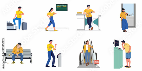 People experiencing frustrating travel delays and inconveniences in various public transport settings, checking their watches and facing unexpected problems.