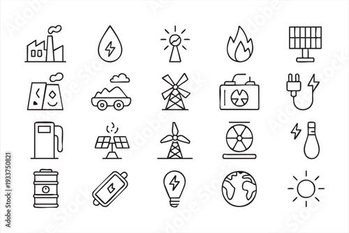 Eco power line icon collection for climate friendly energy solutions