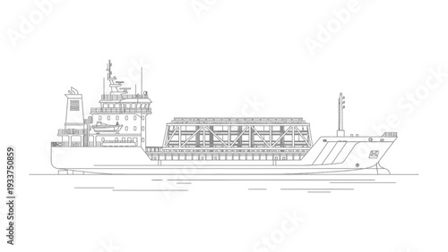 Industrial Vessel at Sea: A detailed outline of a large industrial vessel, navigating the vast expanse of the ocean. Depicting a mode of transport for cargo and exploration.