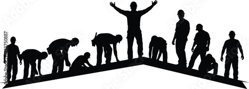 Construction workers silhouettes vector illustration, team of builders working on roof structure isolated on white background industrial labor concept
