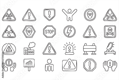 Industrial safety outline icons for risk prevention and alert systems
