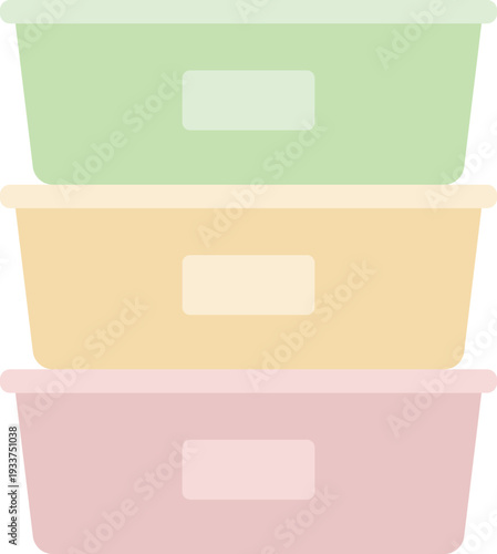 Flat vector illustration of three stacked pastel storage boxes in green, beige, and soft pink colors. Each container features a simple front label area and smooth rounded edges.