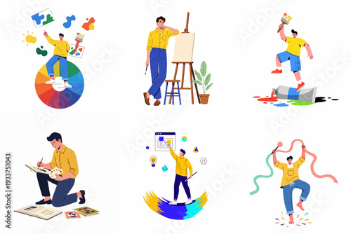 Diverse illustrations of artists, creativity, and design, showcasing painting, digital art, color theory, and inspiration in various scenarios.