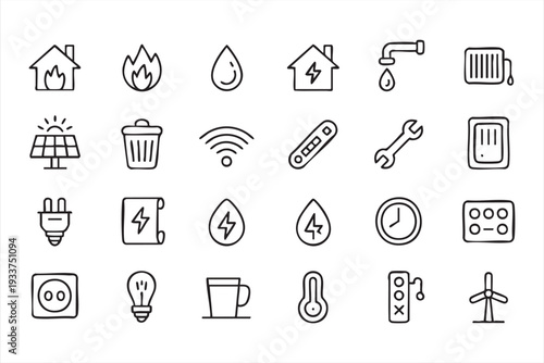 Household utility vector icons for sustainable energy and home technology