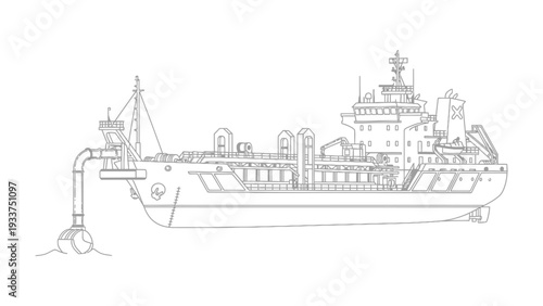 Sea vessel exploration: An intricately detailed line art illustration of a vessel at sea, showcasing its complex structure and functionality. Perfect for marine engineering.